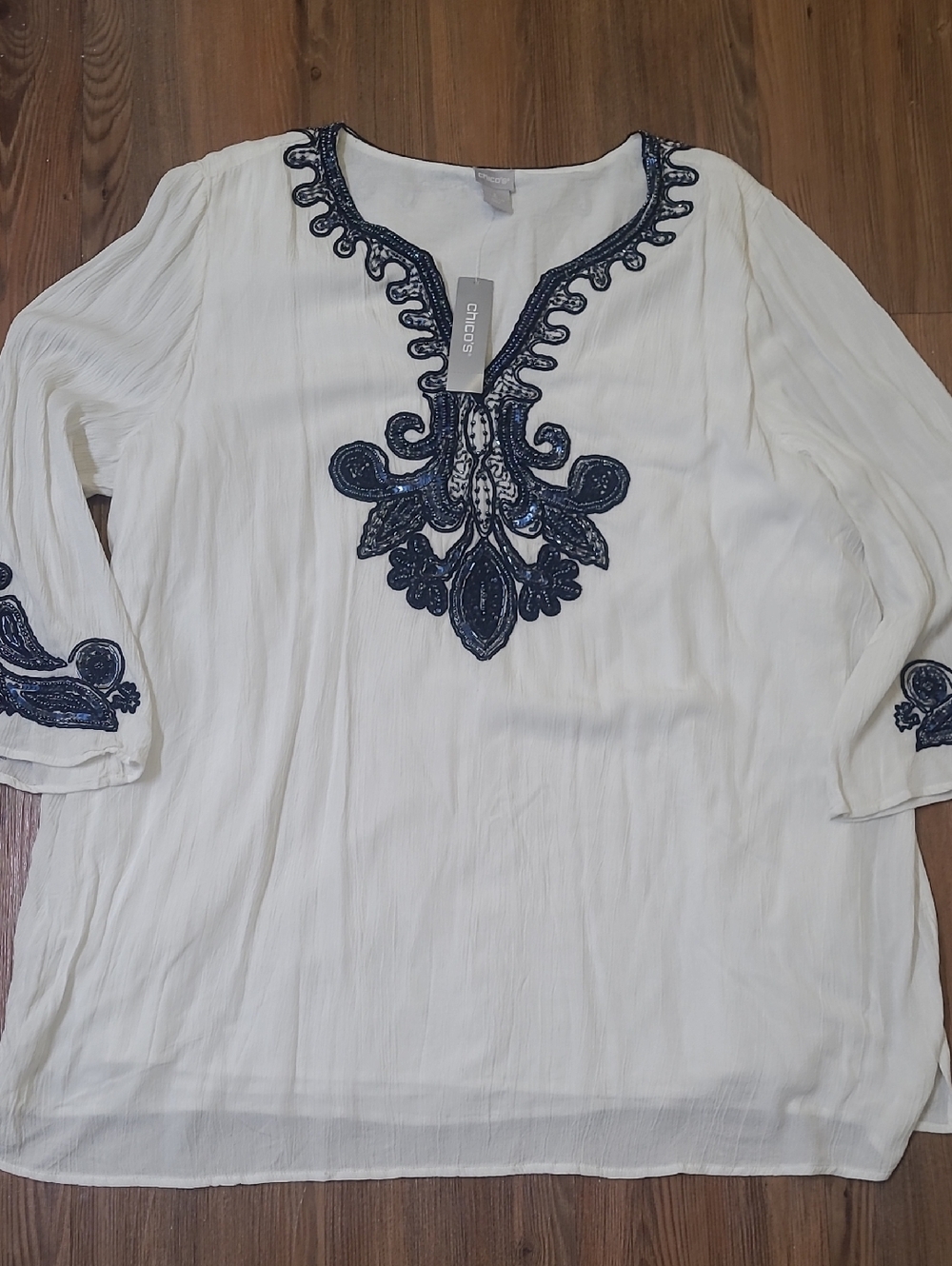 Chico's White Tunic with Navy Embroidered Motif